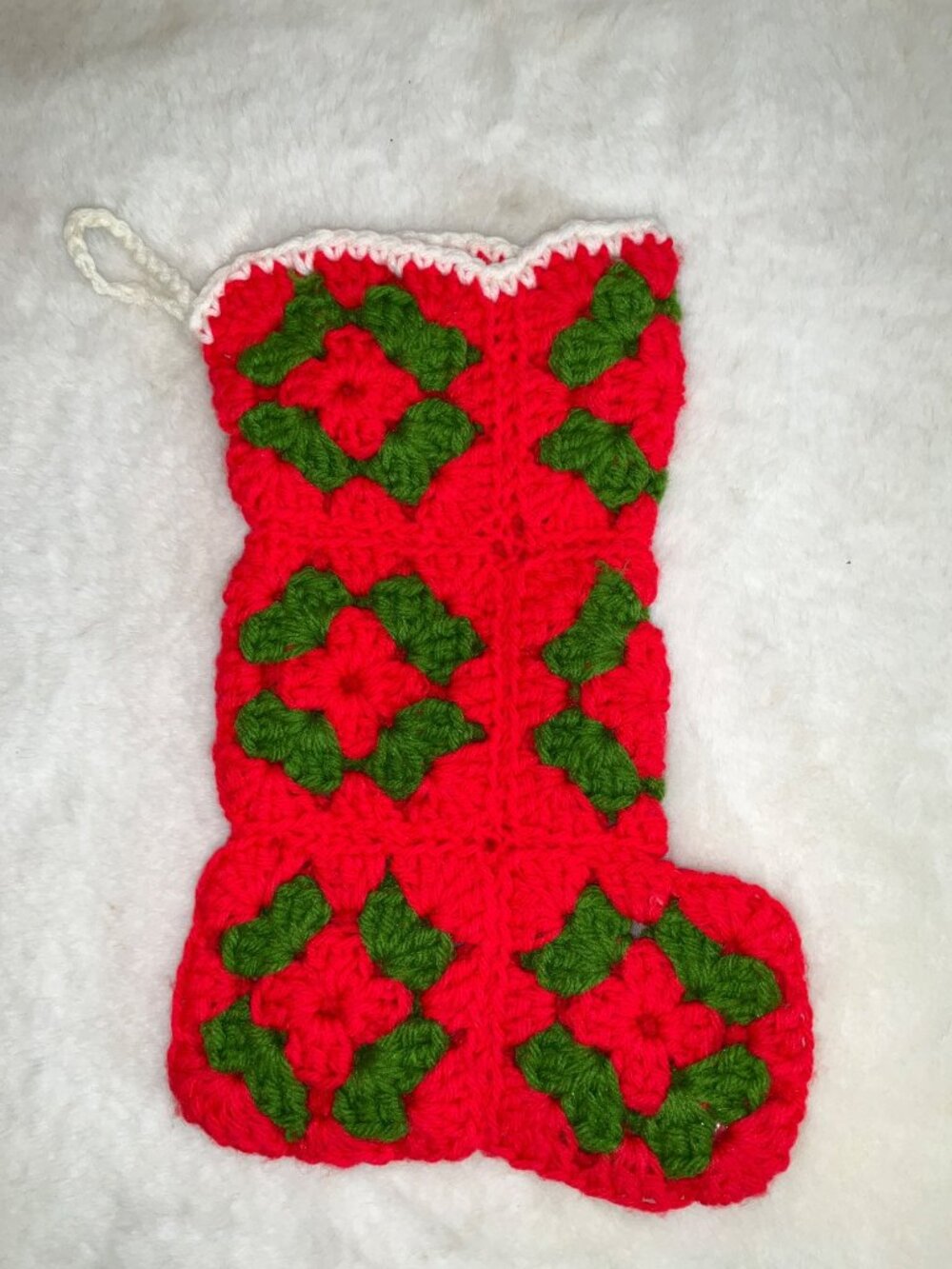 Vintage handmade Granny Square crochet Patchwork Christmas stocking 12" Red